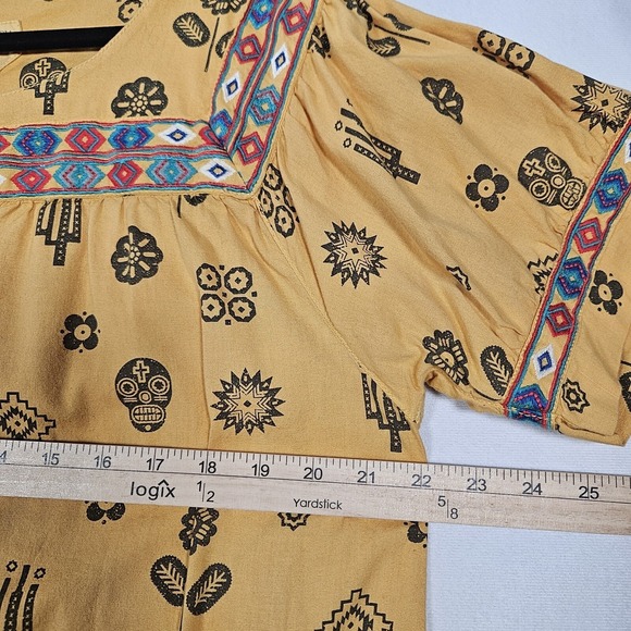 Ryan Michael Top Women's XL Mustard Embroidered Southwestern AOP Tie Neck Cotton - Picture 4 of 13